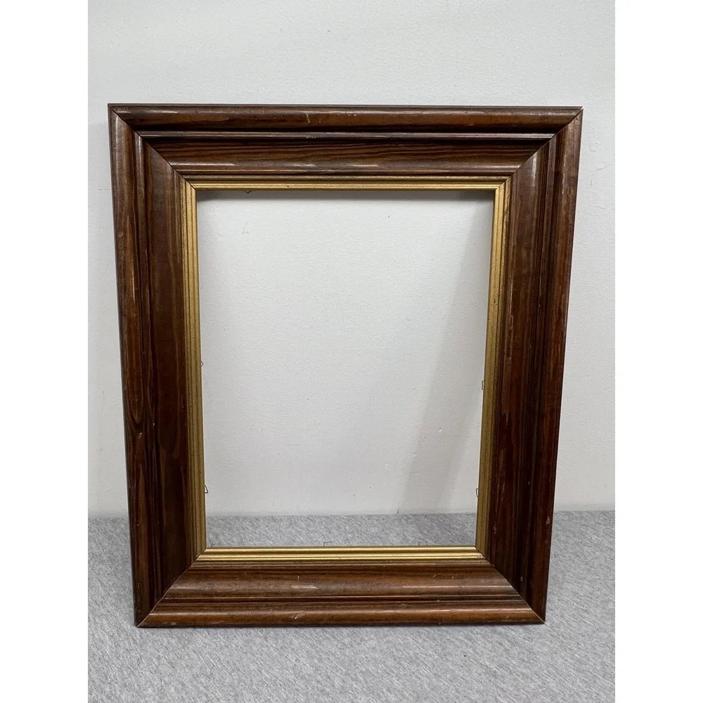 Wood Picture Photo Frame Brown Gold Trim 11x14 Wall Hanging Decor Rustic